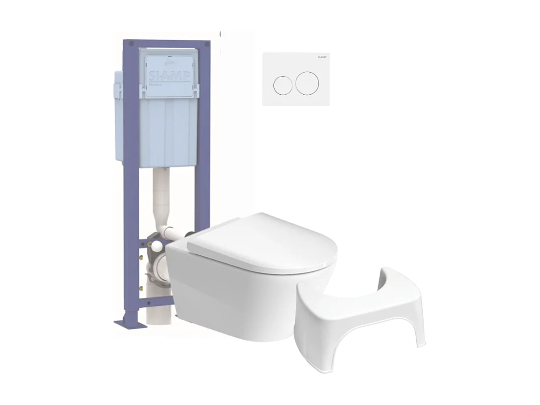 Pack WC suspendu sans bride DURAVIT D-Neo avec abattant frein de chute + bati support SIAMP + Plaque chromée + Tabouret