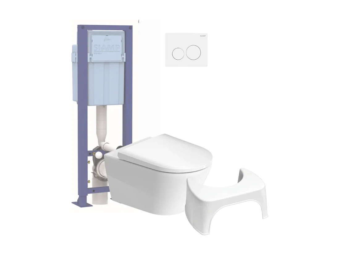 Pack WC suspendu sans bride DURAVIT D-Neo avec abattant frein de chute + bati support SIAMP + Plaque chromée + Tabouret blanc