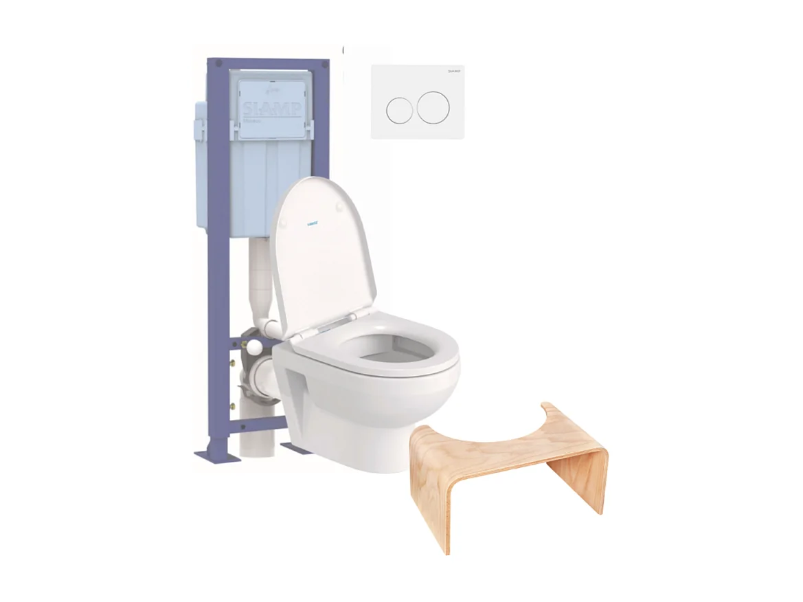 Pack WC suspendu compact sans bride DURAVIT Duravit No.1 abattant + bati support SIAMP + Plaque blanche + tabouret bois