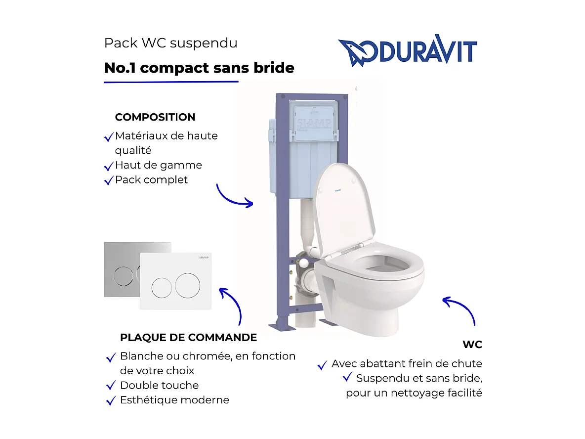Pack WC suspendu compact sans bride DURAVIT Duravit No.1 abattant + bati support SIAMP + Plaque blanche + tabouret bois
