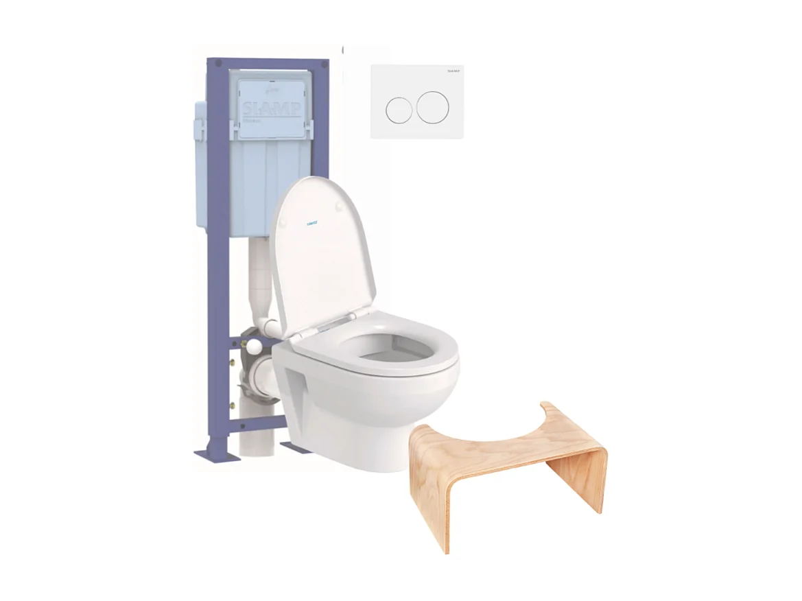 Pack WC suspendu compact sans bride DURAVIT Duravit No.1 abattant + bati support SIAMP + Plaque blanche + tabouret bois