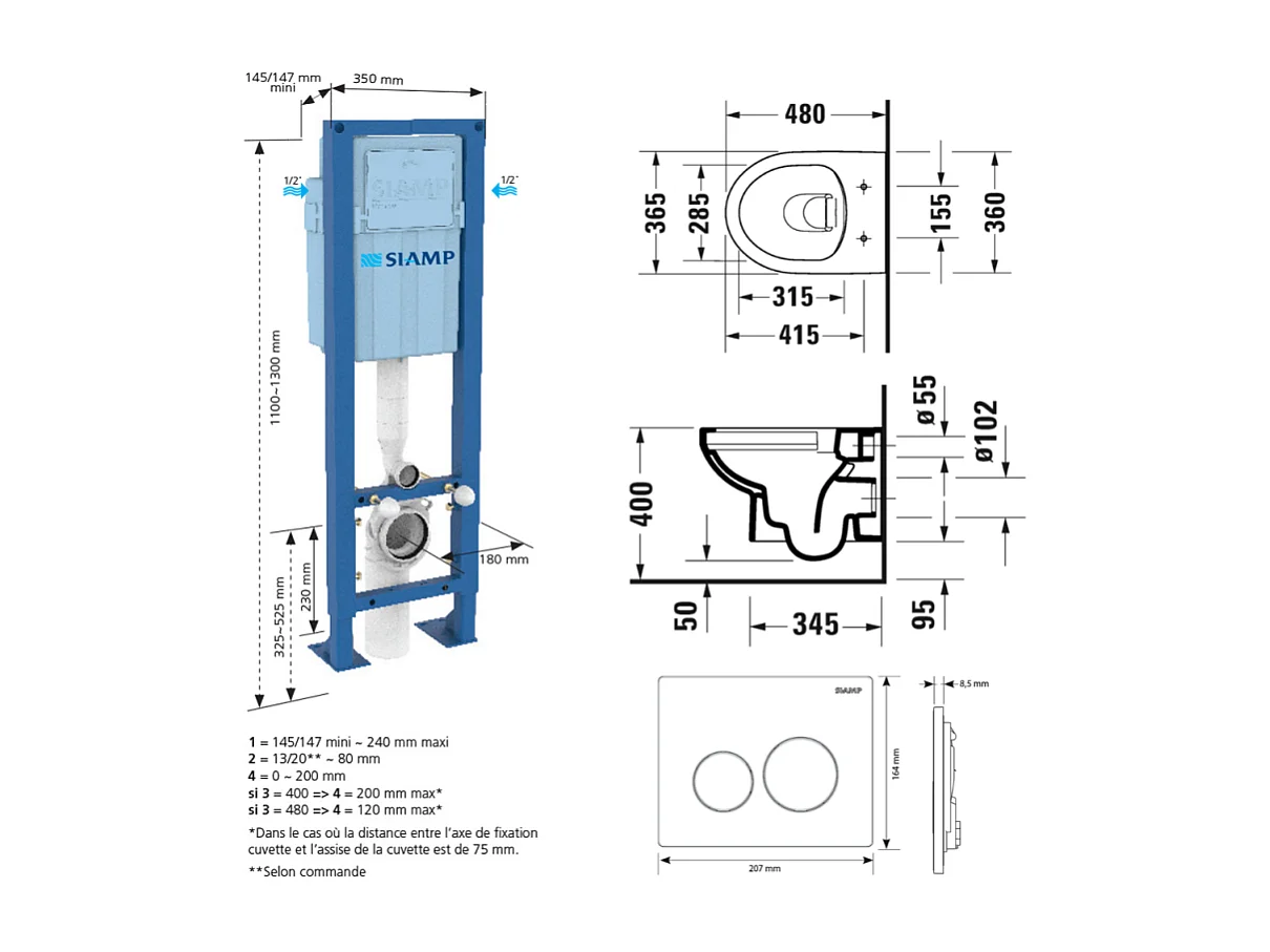 Pack WC suspendu compact sans bride DURAVIT Duravit No.1 abattant + bati support SIAMP + Plaque blanche + tabouret bois