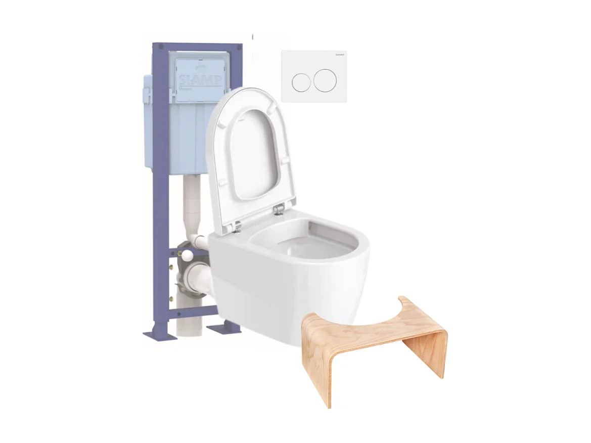 Pack WC suspendu compact sans bride DURAVIT Me by Starck abattant + bati support SIAMP + Plaque blanche + tabouret bois