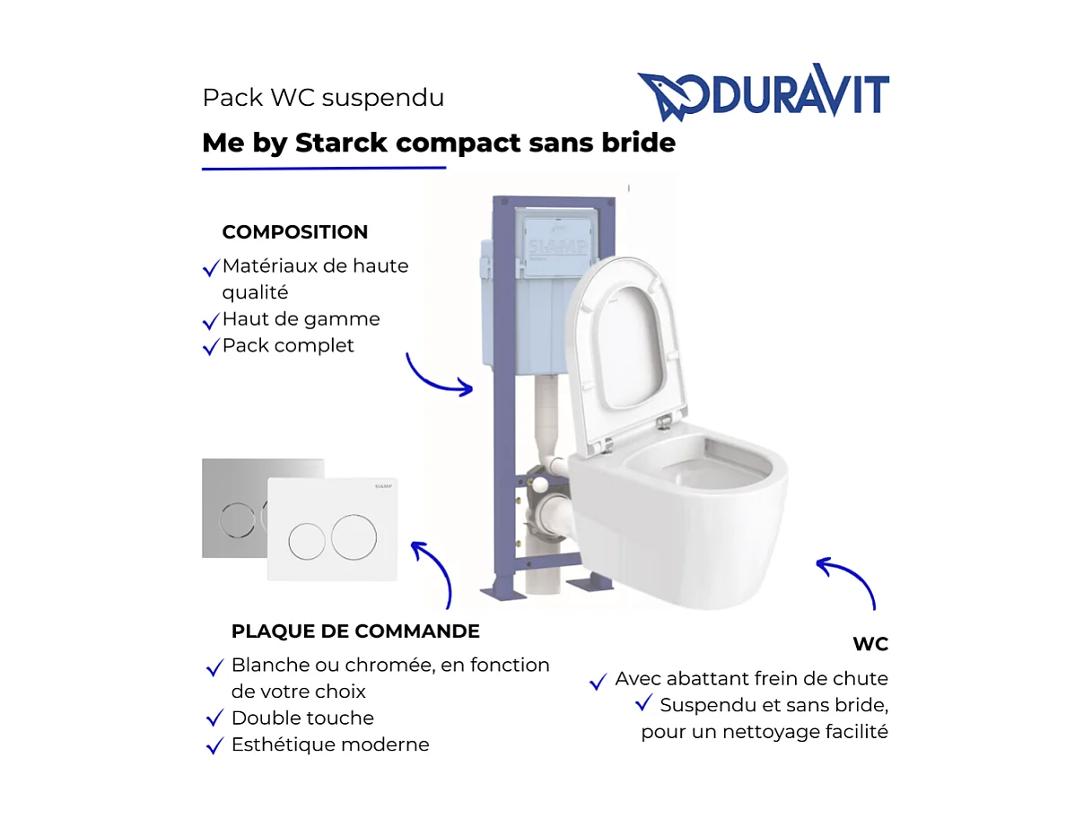 Pack WC suspendu compact sans bride DURAVIT Me by Starck abattant + bati support SIAMP + Plaque blanche + tabouret bois