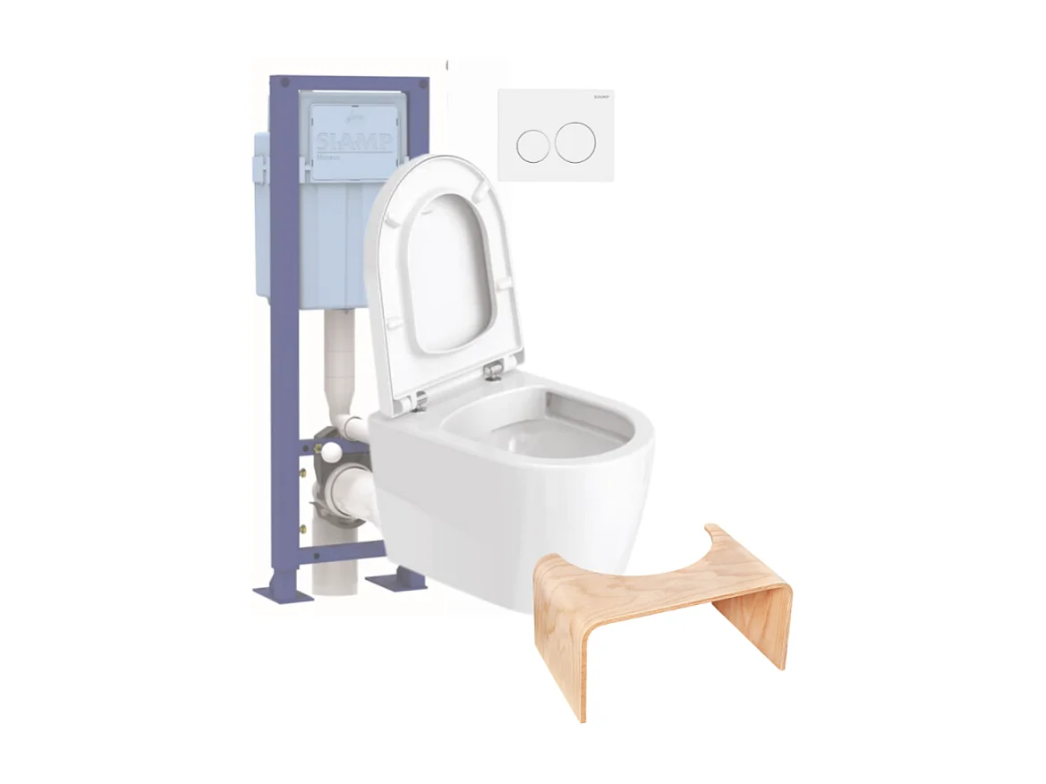 Pack WC suspendu compact sans bride DURAVIT Me by Starck abattant + bati support SIAMP + Plaque blanche + tabouret bois