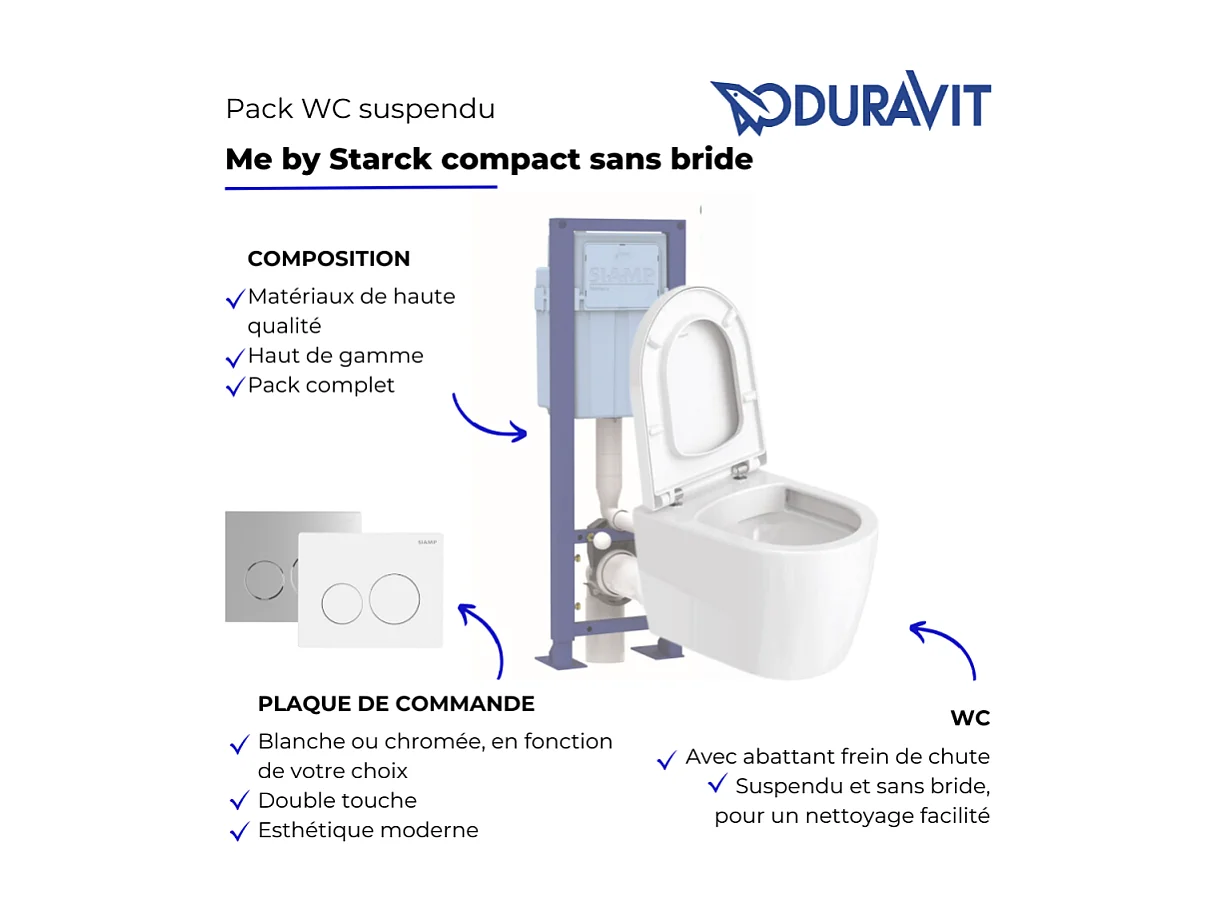 Pack WC suspendu compact sans bride DURAVIT Me by Starck abattant + bati support SIAMP + Plaque blanche + tabouret bois
