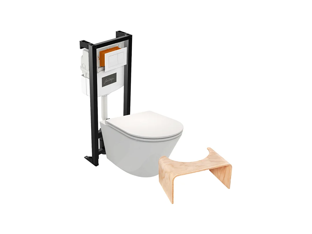 Pack WC suspendu sans bride JACOB DELAFON Rodin+ avec abattant + bâti support + plaque blanche + tabouret bois