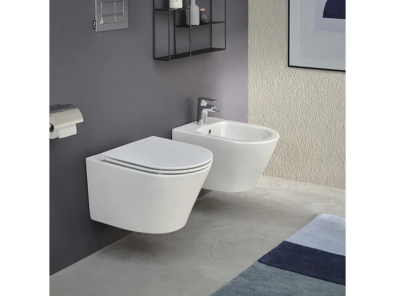 Pack WC suspendu sans bride JACOB DELAFON Rodin+ avec abattant + bâti support + plaque blanche + tabouret bois