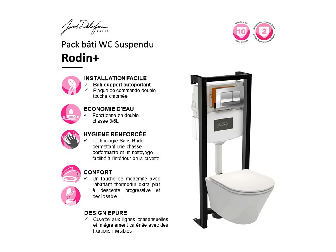 Pack WC suspendu sans bride JACOB DELAFON Rodin+ avec abattant + bâti support + plaque blanche + tabouret bois