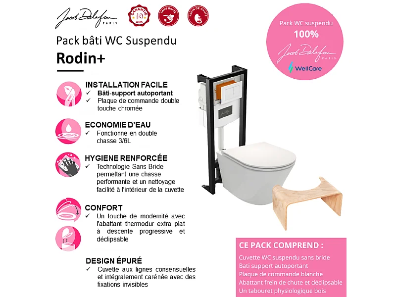 Pack WC suspendu sans bride JACOB DELAFON Rodin+ avec abattant + bâti support + plaque blanche + tabouret bois