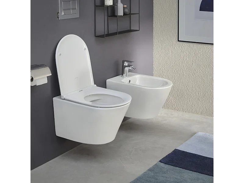 Pack WC suspendu sans bride JACOB DELAFON Rodin+ avec abattant + bâti support + plaque blanche + tabouret bois