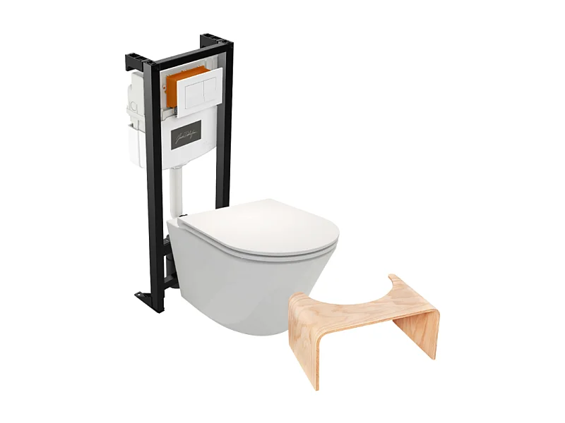 Pack WC suspendu sans bride JACOB DELAFON Rodin+ avec abattant + bâti support + plaque blanche + tabouret bois