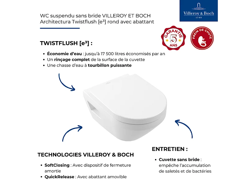 WC suspendu sans bride VILLEROY ET BOCH Architectura Twistflush rond avec abattant