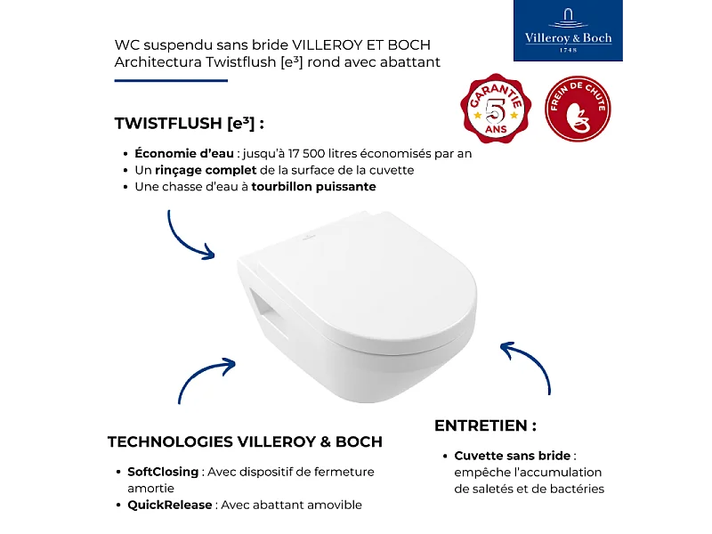 WC suspendu sans bride VILLEROY ET BOCH Architectura Twistflush rond avec abattant