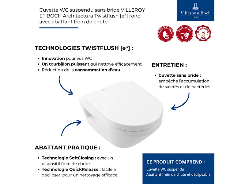 WC suspendu sans bride VILLEROY ET BOCH Architectura Twistflush rond avec abattant