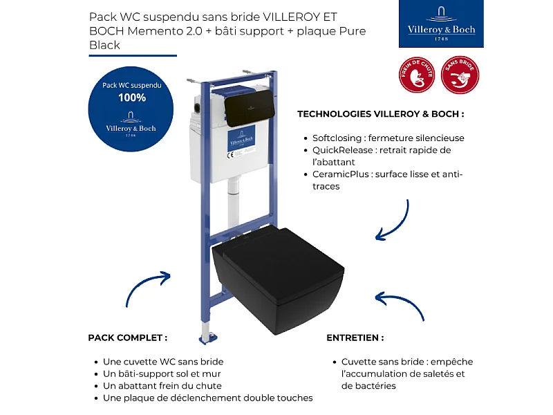 Pack WC suspendu sans bride VILLEROY ET BOCH Memento 2.0 + abattant + bâti-support sol et mur + plaque Pure Black