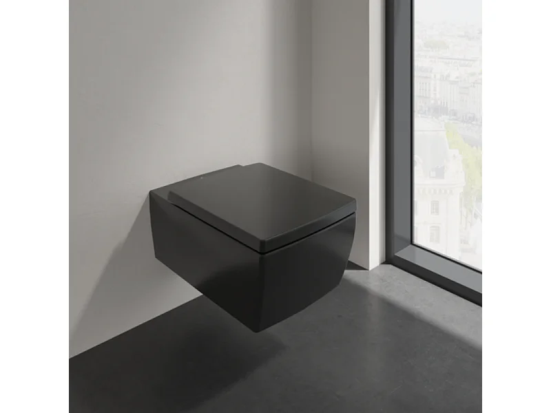Pack WC suspendu sans bride VILLEROY ET BOCH Memento 2.0 + abattant + bâti-support sol et mur + plaque Pure Black