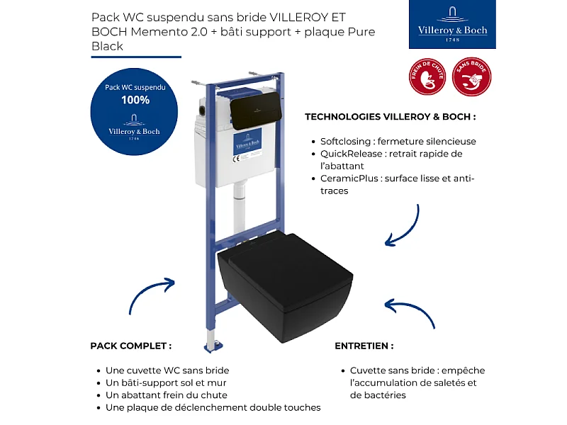 Pack WC suspendu sans bride VILLEROY ET BOCH Memento 2.0 + abattant + bâti-support sol et mur + plaque Pure Black