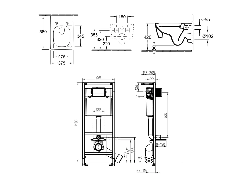 Pack WC suspendu sans bride VILLEROY ET BOCH Memento 2.0 + abattant + bâti-support sol et mur + plaque Pure Black