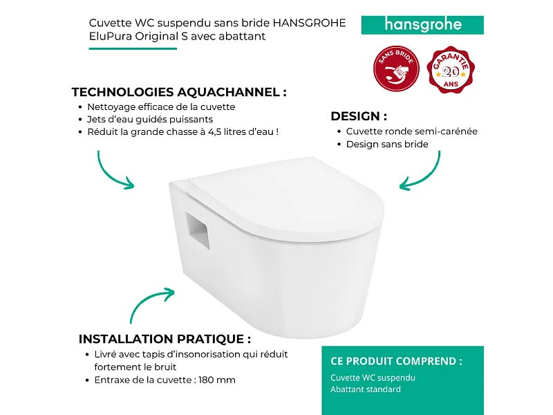 Cuvette WC suspendu sans bride HANSGROHE EluPura Original S avec abattant