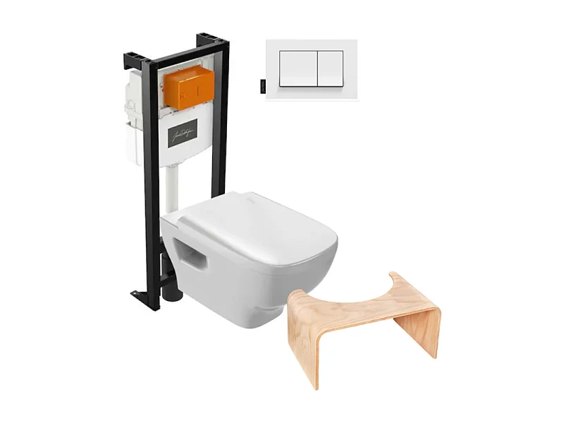 Pack WC suspendu sans bride JACOB DELAFON Struktura+ bâti-support + plaque blanc + tabouret bois