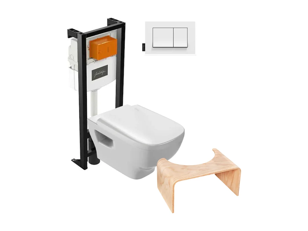Pack WC suspendu sans bride JACOB DELAFON Struktura+ bâti-support + plaque blanc + tabouret bois