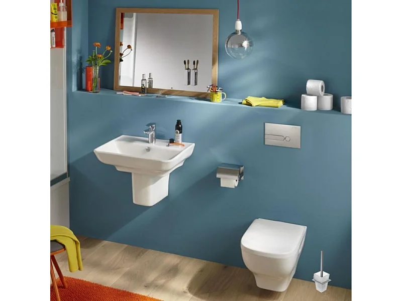 Pack WC suspendu sans bride JACOB DELAFON Struktura+ bâti-support + plaque blanc + tabouret bois