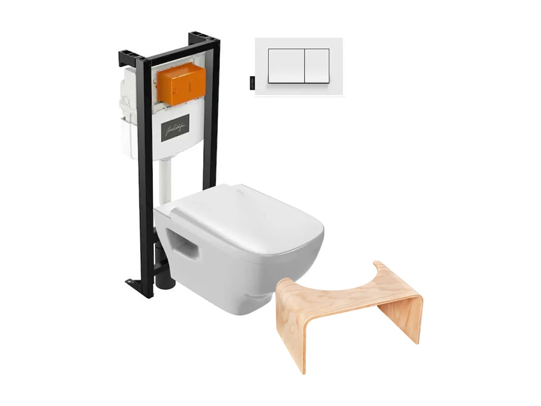 Pack WC suspendu sans bride JACOB DELAFON Struktura+ bâti-support + plaque blanc + tabouret bois