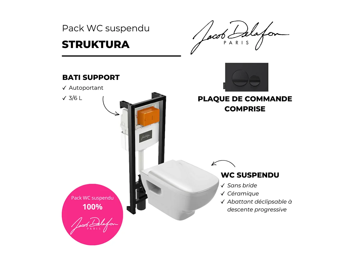 Pack WC suspendu sans bride JACOB DELAFON Struktura+ bâti-support + plaque blanc + tabouret bois