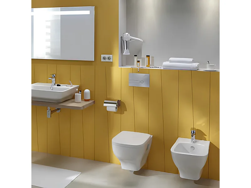 Pack WC suspendu sans bride JACOB DELAFON Struktura + abattant + bâti-support autoportant + plaque blanche + tabouret bois
