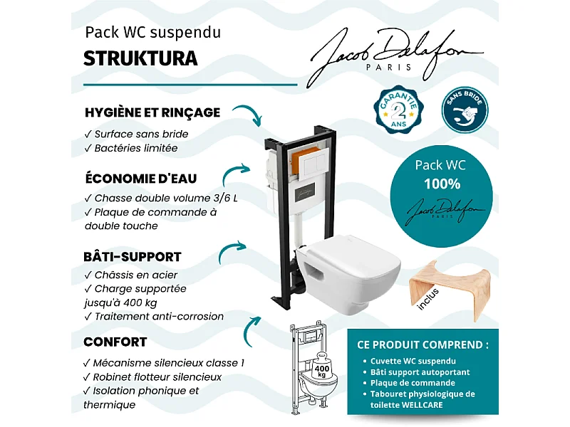 Pack WC suspendu sans bride JACOB DELAFON Struktura + abattant + bâti-support autoportant + plaque blanche + tabouret bois