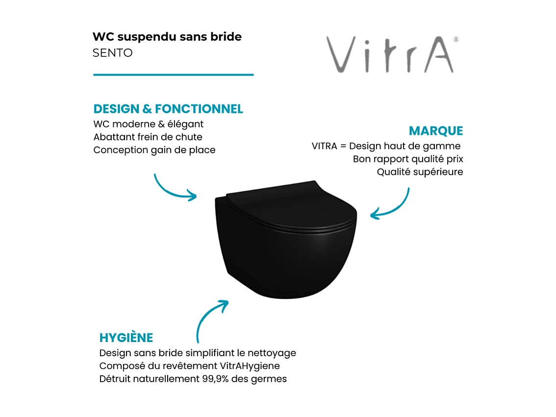 WC suspendu sans bride VITRA Sento noir mat + abattant