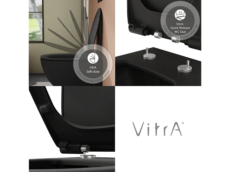 Cuvette suspendue sans bride VitrA Sento noir mat + abattant frein de chute déclipsable