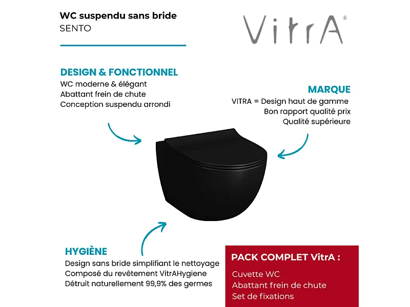 Cuvette suspendue sans bride VitrA Sento noir mat + abattant frein de chute déclipsable