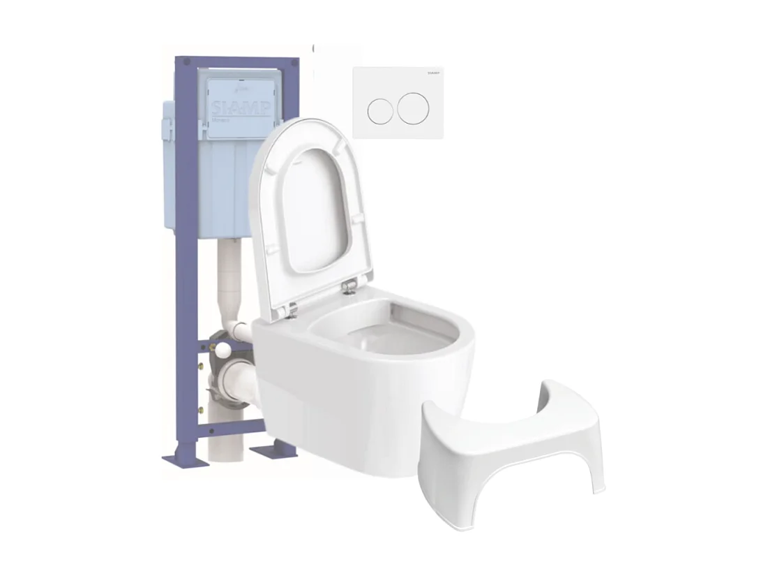 Pack WC suspendu compact sans bride DURAVIT Me by Starck abattant frein de chute + bati support SIAMP + Plaque blanche + tabouret