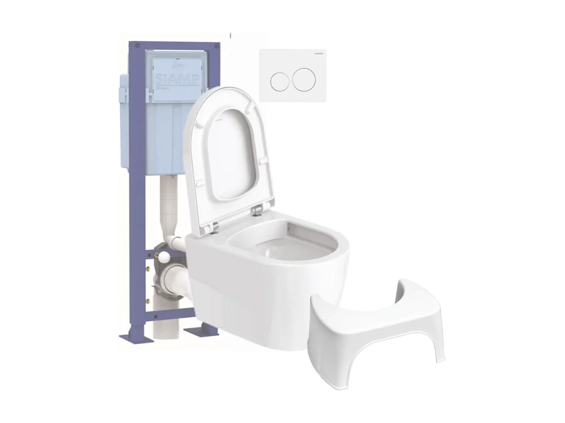 Pack WC suspendu compact sans bride DURAVIT Me by Starck abattant frein de chute + bati support SIAMP + Plaque blanche + tabouret