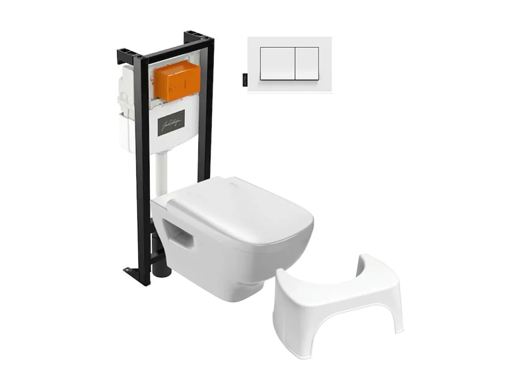 Pack WC suspendu sans bride JACOB DELAFON Struktura+ bâti-support + plaque blanc + tabouret blanc