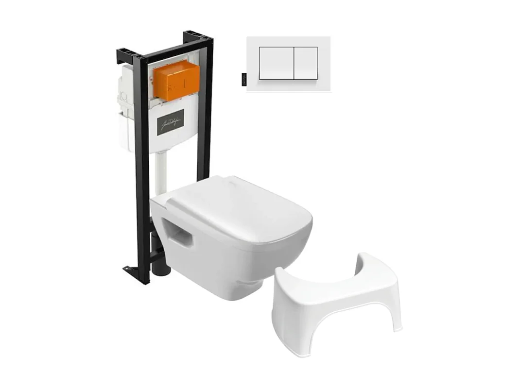Pack WC suspendu sans bride JACOB DELAFON Struktura+ bâti-support + plaque blanc + tabouret blanc