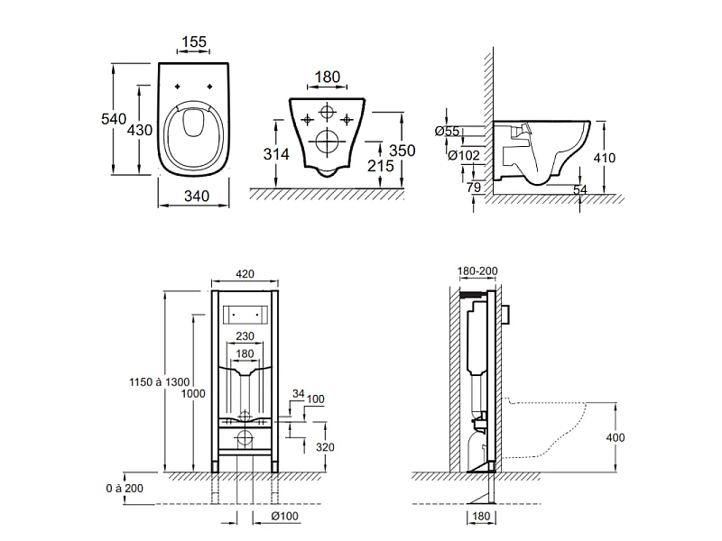 Pack WC suspendu sans bride JACOB DELAFON Struktura + abattant + bâti-support autoportant + plaque blanche + tabouret blanc