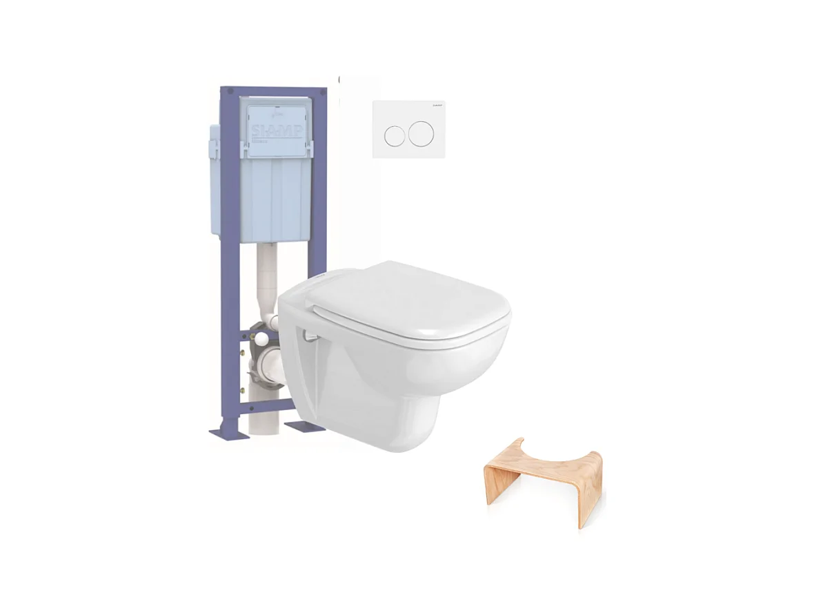 Pack WC suspendu DURAVIT D-code + bati support SIAMP + plaque + tabouret physiologique bois
