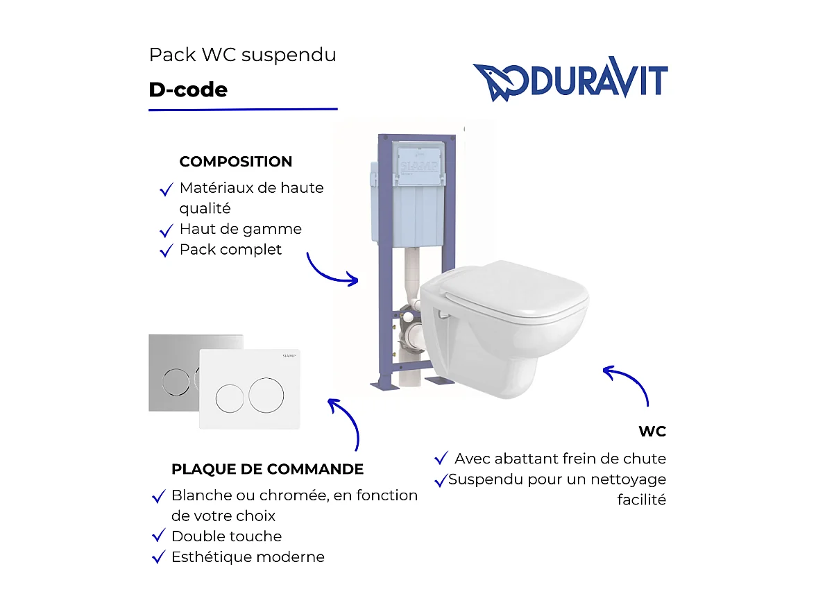 Pack WC suspendu DURAVIT D-code + bati support SIAMP + plaque + tabouret physiologique bois