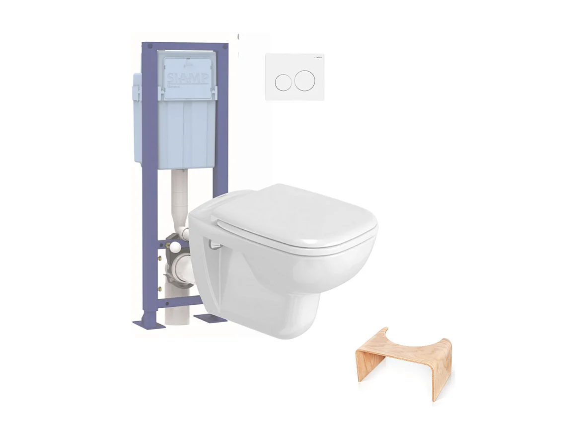 Pack WC suspendu DURAVIT D-code + bati support SIAMP + plaque + tabouret physiologique bois