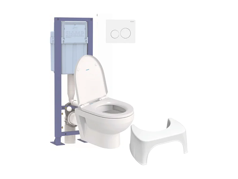 Pack WC suspendu compact sans bride DURAVIT Duravit No.1 abattant frein de chute + bati support SIAMP + Plaque blanche + tabouret