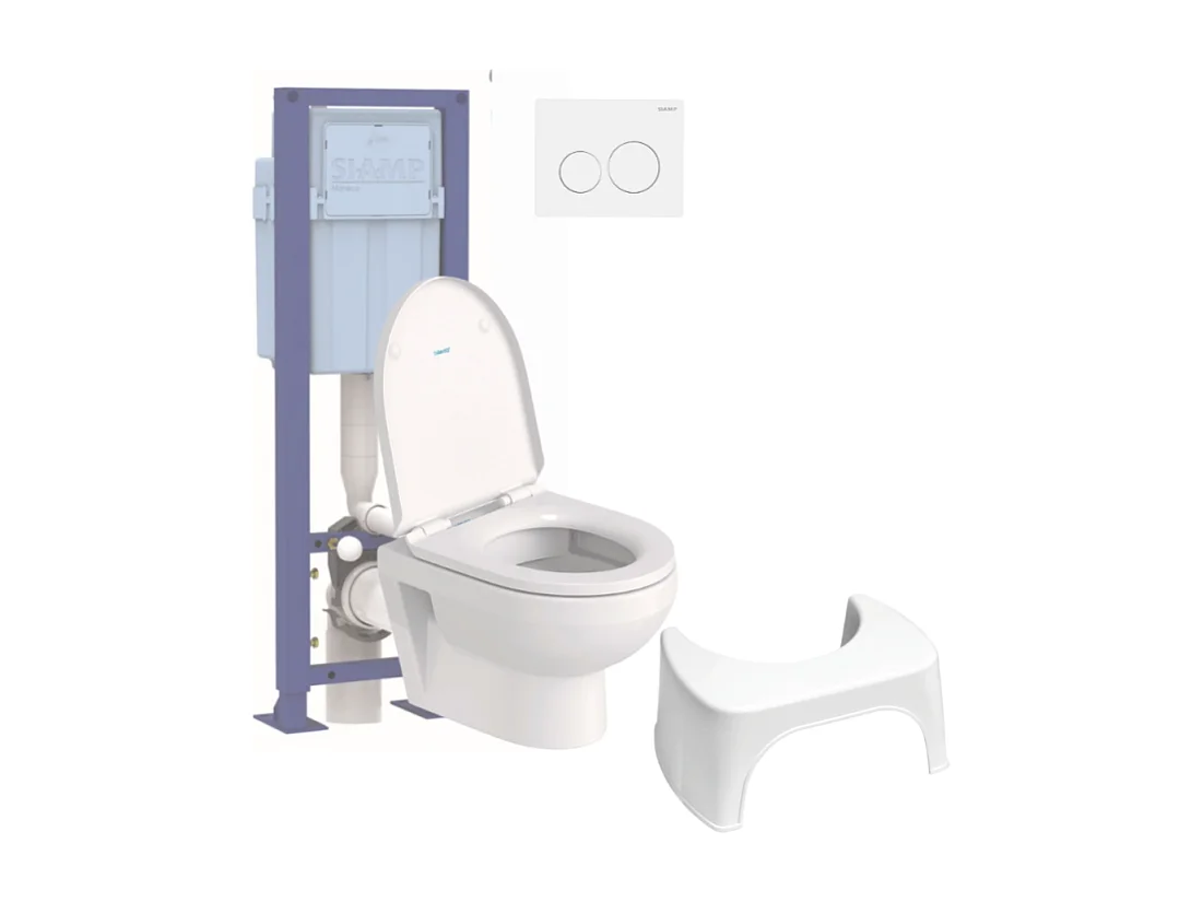 Pack WC suspendu compact sans bride DURAVIT Duravit No.1 abattant frein de chute + bati support SIAMP + Plaque blanche + tabouret