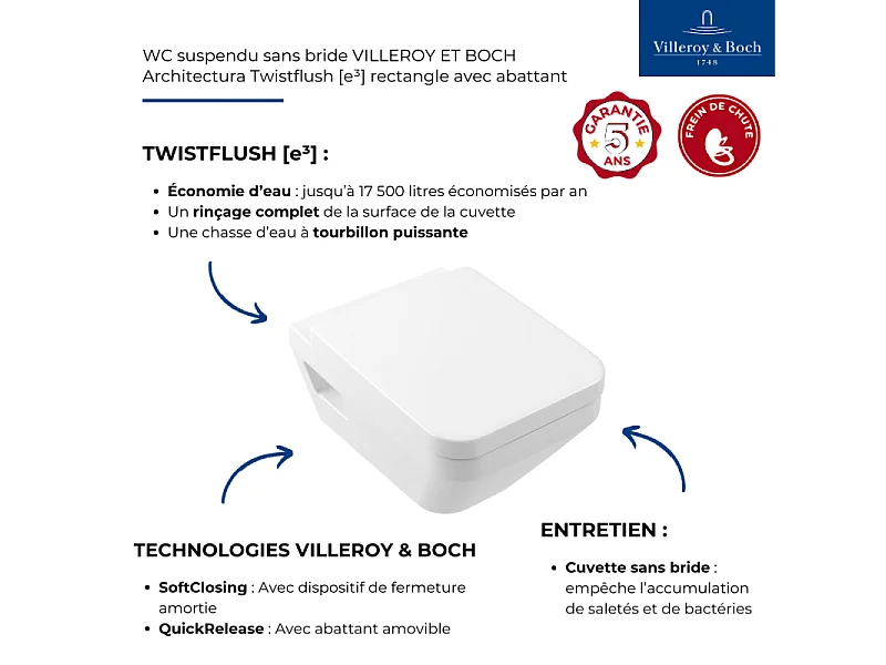 WC suspendu sans bride VILLEROY ET BOCH Architectura Twistflush rectangle avec abattant