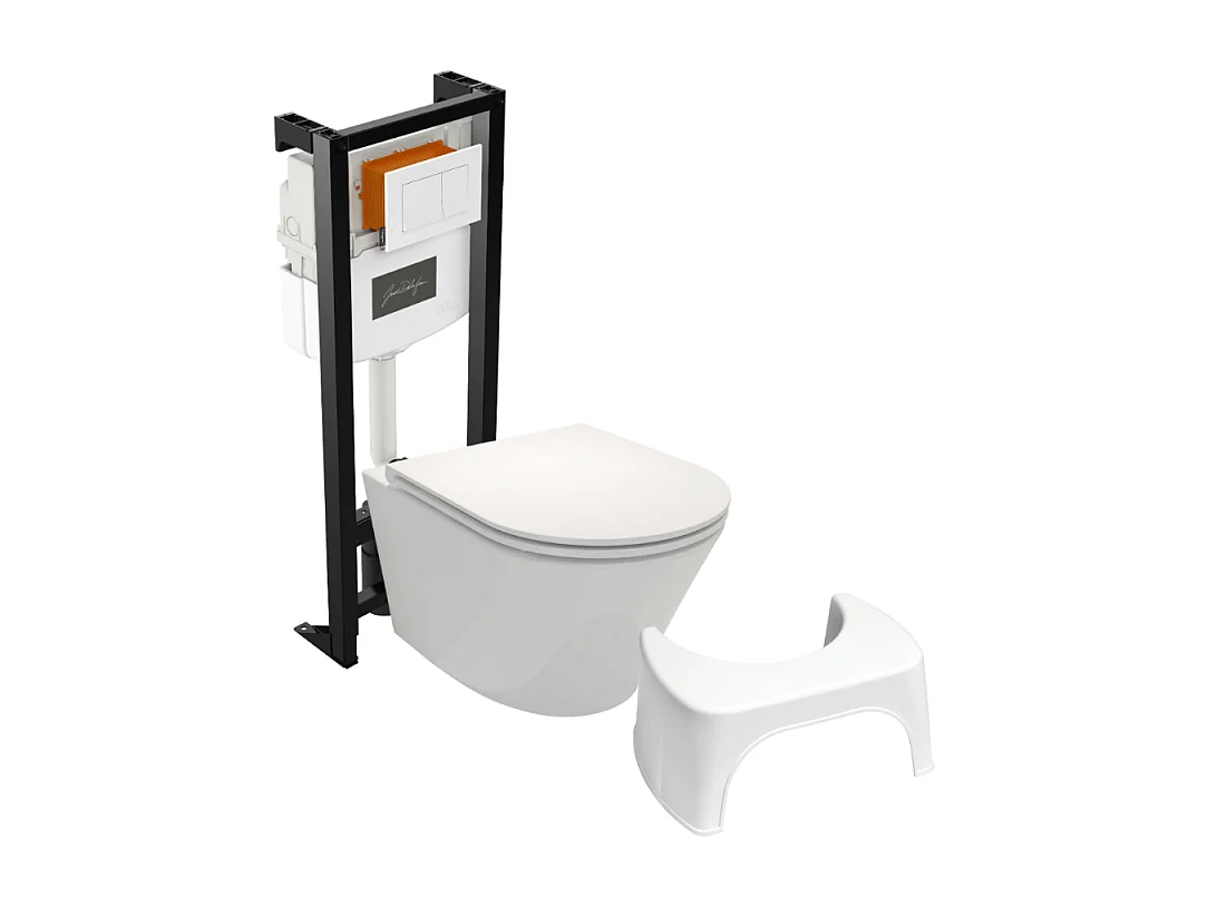 Pack WC suspendu sans bride JACOB DELAFON Rodin+ avec abattant + bâti support + plaque blanche + tabouret blanc
