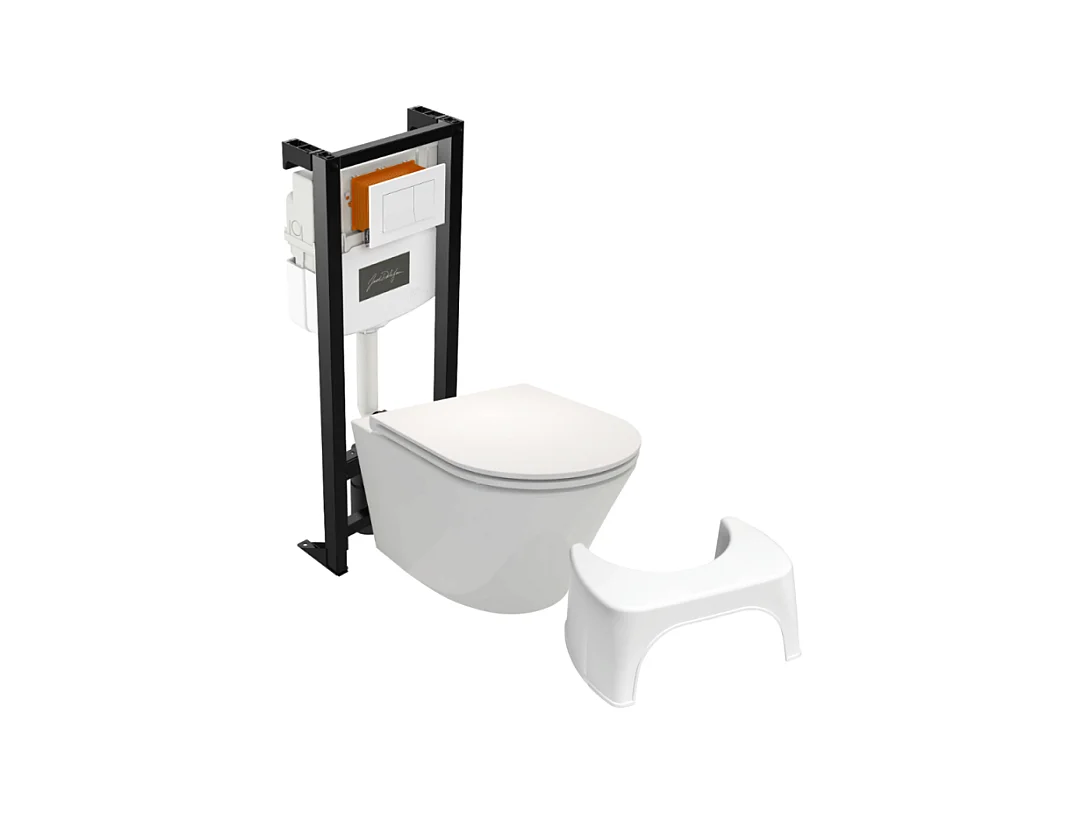 Pack WC suspendu sans bride JACOB DELAFON Rodin+ avec abattant + bâti support + plaque blanche + tabouret blanc