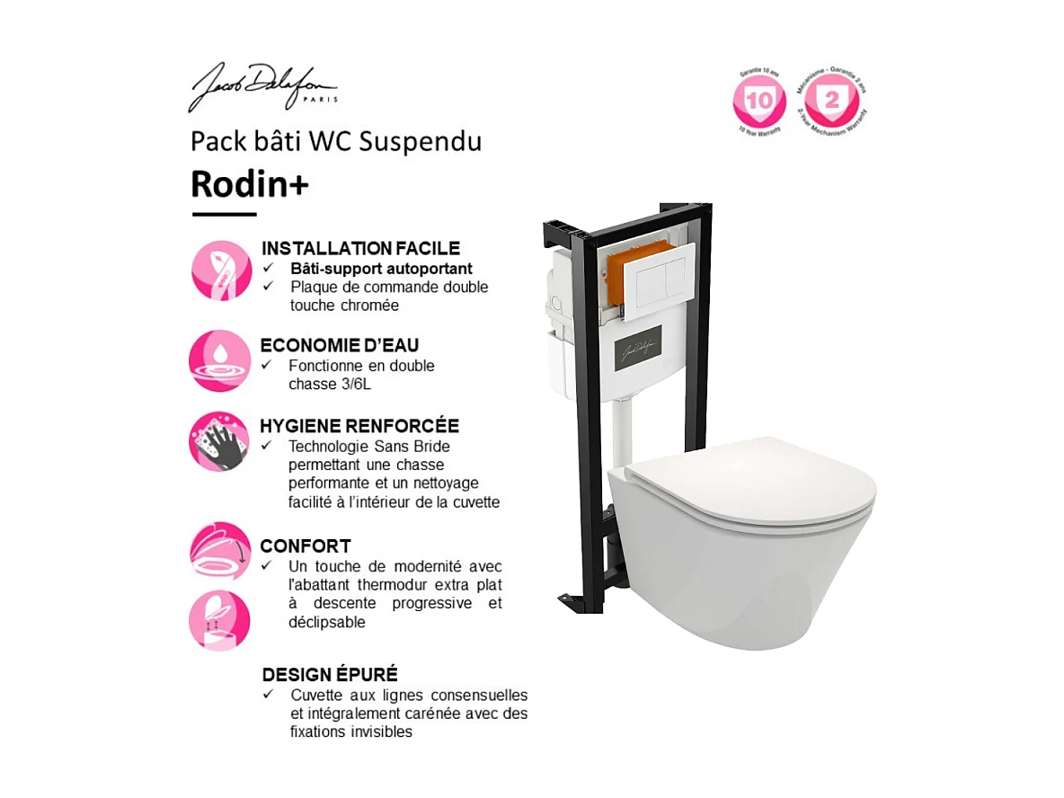 Pack WC suspendu sans bride JACOB DELAFON Rodin+ avec abattant + bâti support + plaque blanche + tabouret blanc