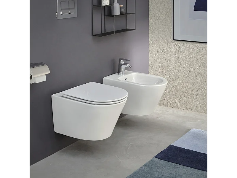 Pack WC suspendu sans bride JACOB DELAFON Rodin+ avec abattant + bâti support + plaque blanche + tabouret blanc