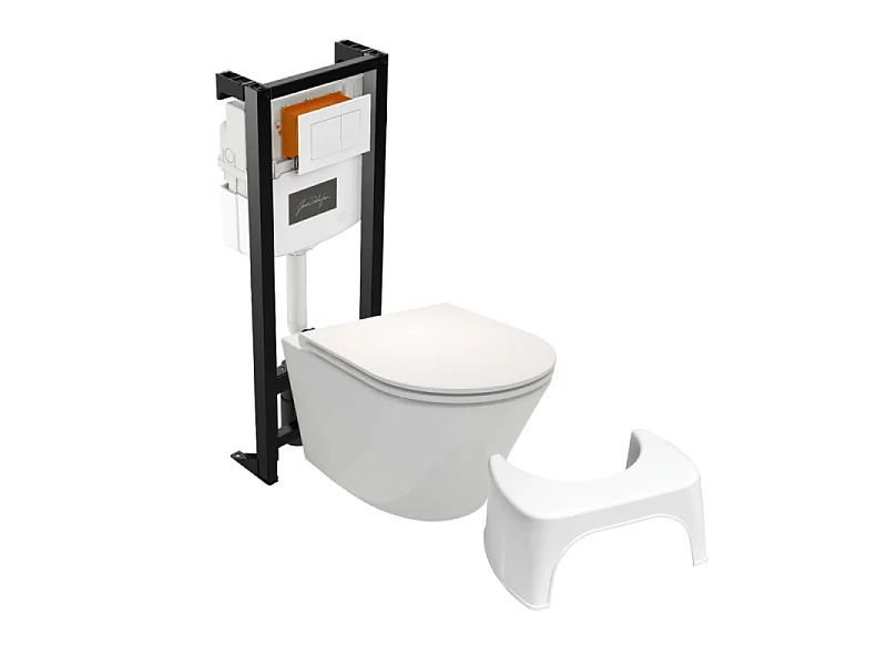 Pack WC suspendu sans bride JACOB DELAFON Rodin+ avec abattant + bâti support + plaque blanche + tabouret blanc